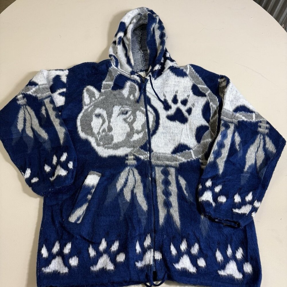 ARTESANIAS TUNTAQUIMBA BLUE NATIVE AMERICAN WOLF SPIRIT HOODIE FUZZY MEDIUM
